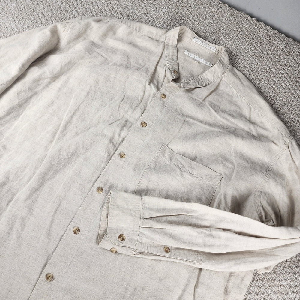 Perry Ellis Linen Blend Shirt XL Band Collar Button Up Casual Beige Mens